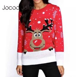 Jocoo Jolee Women Winter Christmas Sweater Deer Snow Knitted Year Sweater Vintage Patchwork Pullover Warm Thick Jumpers Tops 210619