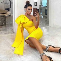 Aummer Women'S Fashion Sexy One-Shoulder Long-Sleeved Bow Elegant Celebrity Bandage Dress Bodyon Midi Vestidos 210525