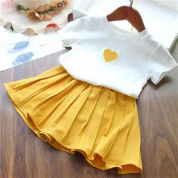 Baby Girl Clothes Summer Children Girls' Clothing Set Love Tops+Pleated Student Skirt Girls Suit Kids 210528