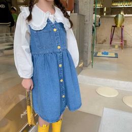 Korean Style Spring Kids Girls 2-pcs Sets White Peter Pan Collar Long Sleeves Shirts+Vest Denim Dress Clothes E019 210610