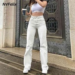 White Straight Leg Jeans For Women High Waist Stretch Denim Mom Jean Baggy Pants Casual Comfort Loose Tassel Fashion Trousers 210809