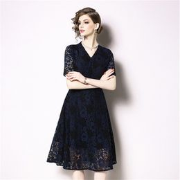 HIGH QUALITY Women Summe Lace Dress Work Casual Fashion V-neck Sexy Hollow Out Blue Dresses A-line Vintage Vestidos 210603