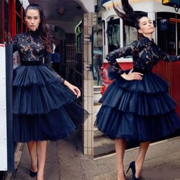 Sexy Illusion Short Navy Puffy Prom Dresses Tiers Skirt High Neck Long Sleeves A-Line Cocktail Party Dress Holiday Club Homecoming Gowns