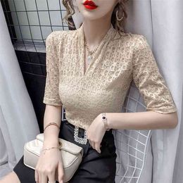 Summer Lace Shirt Women's Ins Hollow Short-Sleeved Fashion Vintage Clothes Solid Colour Blusas Mujer De Moda Tops P046 210527