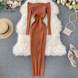 SINGRAIN Slash Neck Knitted Dress Women Sexy Off Shoulder Cross Elastic Warm Dress Autumn Winter Fashion Sweater Bodycon Dress G1214