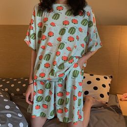 New Pajamas 2020 Set Summer Sweet Women's Top Shorts 2 Pcs Sleepwear Suit Korean Style Cute Cartoon Print Ladies Home Wear C0304