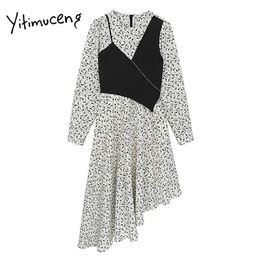 Yitimuceng Asymmetrical Patchwork Dresses Women Long Sleeve O-Neck White Spring French Fashion Clothing Office Lady 210601