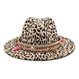 New Fashion Women Fedoras Hat Leopard Print Wide Brim Jazz Hats Unisex Wool Vintage Gentleman Elegant Outdoor Travel