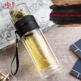 400ml Double Layer High Temperature Heat Insulation Glass Water Bottle with Septum Business Gift Cup