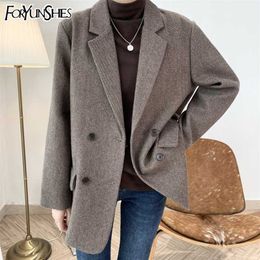 FORYUNSHES Women Stripe Woollen Blazer Ladies Warm Thick Solid Casual Loose Business Jacket Coat Autumn Winter England Style 210930