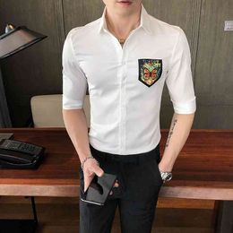 Fashion Men's Shirts 3/4 Sleeve Slim Streetwear Shirts Male Business Casual Dress Shirts Social Party Tops 210527