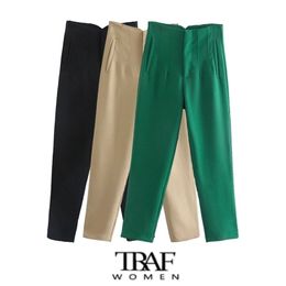 TRAF Za Women Chic Fashion With Seam Detail Office Wear Pants Vintage High Waist Zipper Fly Female Ankle Trousers Mujer 211115