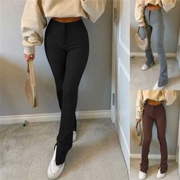 30# Leggings Women Casual Solid Slim-fit Trousers Slit Fitness Woman Pants High-waisted Skinny Sweatpants 211204
