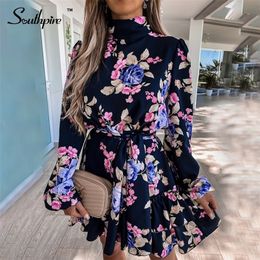 Southpire Navy Floral Print Loose Style Mini Dres Long Sleeve High Neck Party Dress Ladies Day Casual Clothes Spring 220311