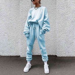 Fashion Women Solid Colors Leisure Two Piece Set Tracksuits Loose O-neck Athletic Long Sleeves Hoodie Pants Casual Sport Suit#g4 Y0625