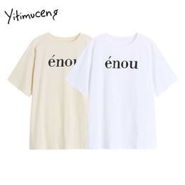 Yitimuceng Letter T Shirts Woman Harajuku Loose Casual Tees O-Neck Solid White Yellow Tops Summer Fashion Tshirts 210601