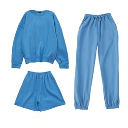 Sold Separately Womens Tracksuits 3 Piece Oversized Sweatshirt Sweatpant Sporting Shorts Sweat 3 Piece Outfit Solid Color Sets 210721