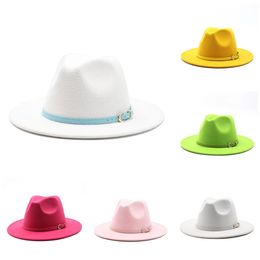 Color Belt Fedora Hat Women Wide Brim Men Women British style Trilby Party Formal Panama Cap Dress Hat Cowboy