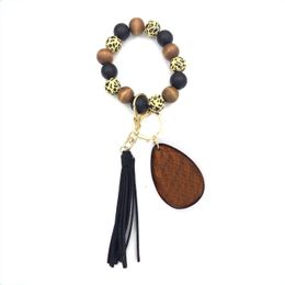 2021 NEW High Quality Wooden Bead Wrist Stretch Keychain Bracelet with Tassel Wristband Bangle Keychain