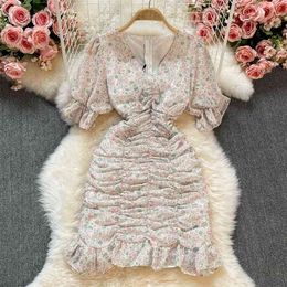Sexy V-neck Floral Print Chiffon Dress Summer Women Korean Fashion Short Sleeve High Waist Ruched Mini Party Robe 210603
