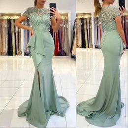 New Sexy Sage Sheath Prom Dresses Jewel Neck Short Sleeves Lace Appliques Crystal Beaded Split Party Dress Formal Evening Gowns