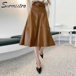 SURMIITRO Autumn Winter PU Leather Midi Skirt Women Korean Style Mid-Length Knee High Waist A Line Skirt Female With Belt 210712