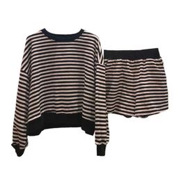 PERHAPS U Women Crew Neck Striped Loose T Shirt Shorts Tow Pieces Set Brown Blue T0246 210529