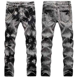 European and American high street hip-hop retro hanging chain decoration snowflake print stretch slim jeans pants clothes X0621