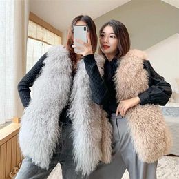 Luxury Thick Warm Mongolia Sheep Fur Vest Customise Size Oversize Big Size Women Winter V neck Sexy Fur Coat tsr801 211018