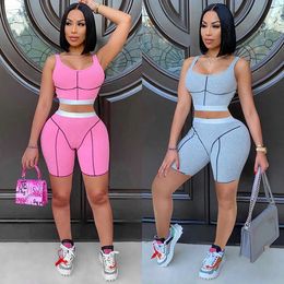 Women's Summer Casual Knitted Rib Shorts Tracksuit Women Sexy Sportswear Tank Crop Top + Biker Shorts Two Piece Set Outfits Y0702