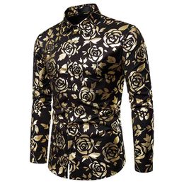 Men Autumn Bronzing Flower Golden Rose Printed Long Sleeve Dress Shirt Wedding Party Slim Stage Performance Singer Shirts 210708