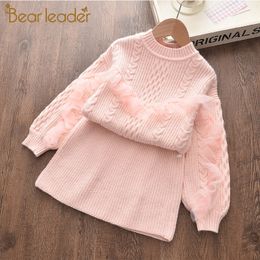 Bear Leader Girls Party Dress New Princess Costumes Girls Knitted Autumn Outfits Cute Kids Clothes Children Clothing 2 6 Years 210317