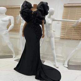 Black Prom Dress Mermaid for African 2022 Short Sleeves Sequins Sparkly robe de soirée femme Formal Evening Gowns