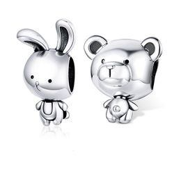 BISAER 925 Sterling Silver Charm Cute Rabbit and Bear Two Pendant Beads fit Bracelet & Bangles 925 Silver Jewelry ECC1517 Q0531