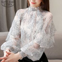 Ruffles Lace Blouse Spring Elegant Casual Printed Women Tops Fashion Perspective Chiffon Shirt Stand Collar Shirt 4666 210527