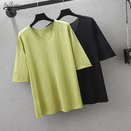 Summer Fashion Chic V-neck Shirt Women Shirts Woman Thin Knitted Blouse Shirt Short Sleeve Pullover Tops Femme 13593 210527