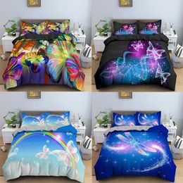 dragonfly bedding UK - 2 3pcs 3D Galaxy Butterfly Dragonfly Bedding Set Rainbow Bedline Soft Duvet Cover for Kids Bedding King  Queen Full Twin Size 210309