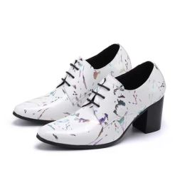 Mens Heels White High Genuine Leather Oxford Men Pointed Toe Height Increase Wedding Business Dress Shoes 7444