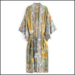 YouKD Verano Algodón Floral Kaftan Largo Kimono Bohemio Playa Traje de Baño Vestido Largo para Mujer