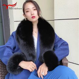 Women Winter 100% Natural Fox Fur Scarf Jacket Fur Collar Authentic Neck Scarves and Cuff Set Luxury Fox Fur Warm Neck Warmers H0923