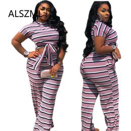 O Neck Striped Print Pant Set Women Sexy Clubwear Tracksuit Two Piece Outfit Active Sweatsuit X0709