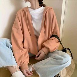 Hoodies Women Zip-up Turn-down Collar Printed Pocket Long Sleeve Korean Style Trendy Casual BF Ulzzang Harajuku Womens Daily 210529