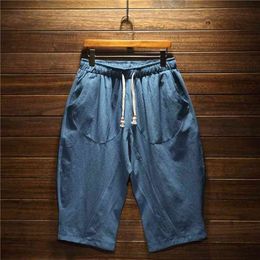 Summer Men Cotton Linen Baggy Wide Leg Pants Joggers Male Harajuku Vintage Sweatpants s Calf-Length Cross 210715