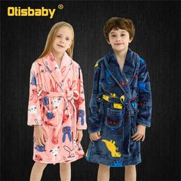 3 - 14 Years Winter Terry Robe Children Dinosaur Boys Mermaid Rabbit Girl Home Casual Bathrobe Bath Sleepwear Keep Warm Pajamas 211130