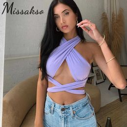 Missakso Sexy Bodycon Halter Tank Top Lace Up Crop Top Summer Women Sleeveless Fashion Corset Tops Party Night Club 210625