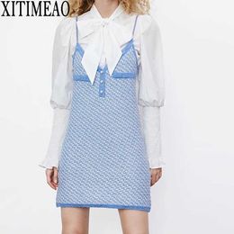 Za Women Sweet Fashion Patchwork Check Tweed Long Sleeve Shirt And Suspender Skirt Female Two Fake Dresses 210602