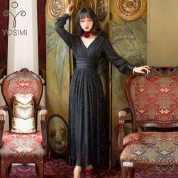 YOSIMI Spring Black Dress Vintage V-neck Full Sleeve Evening Party Night Female Vestidos Midi Long Women Ankle-Length 210604