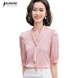 Professional Temperament Half Sleeve Shirt Women Summer Pink Chiffon V Neck Blouses Office Ladies Formal Work Tops 210604