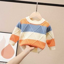 Spring Autumn Winter Children Kids Long Sleeve O Neck Rhombus Colour Block Knitwear Sweater Baby Boys Knitted Pullover Jumpers 211201