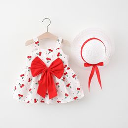 Cherry Pattern Baby Girls Dress Summer Sleeveless Cotton Kids Dress Birthday Party Baby Fashion Bow Dress With Free Hat 210303